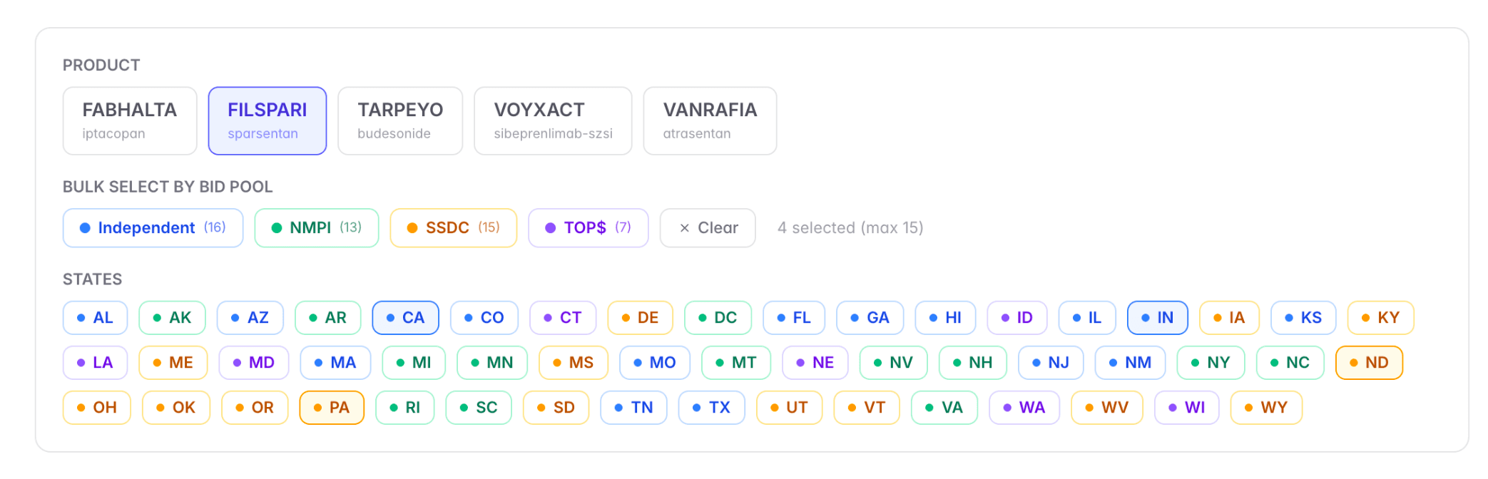 The Concis Labs PA Criteria Tracker showing side-by-side prior authorization and PDL coverage status across all 50 states, filterable by bid pool.
